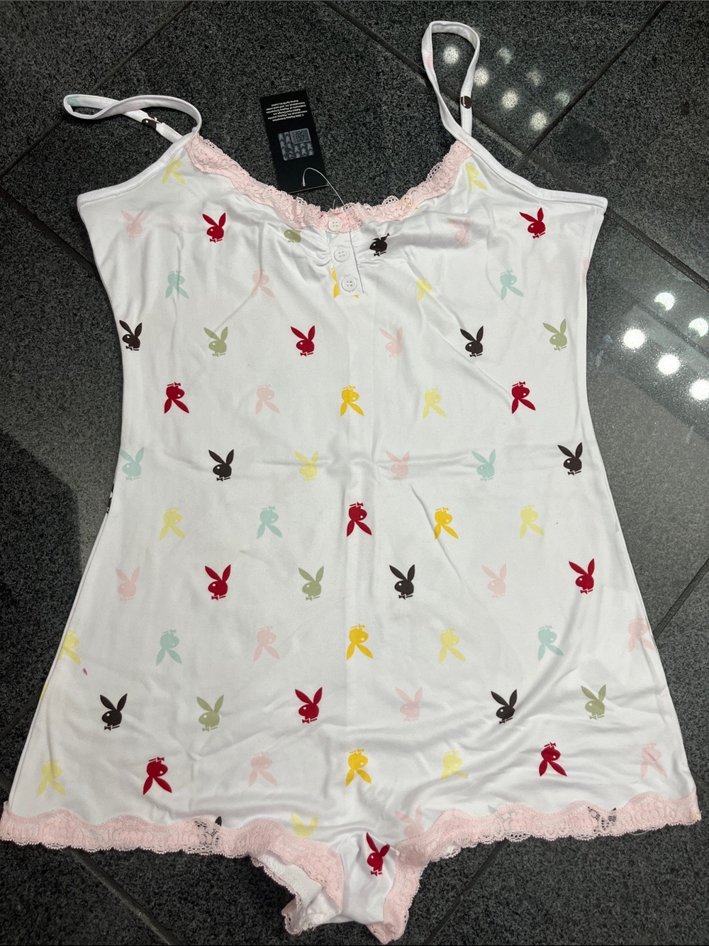 PLAYBOY White Satin Romper with Multicolor Bunny Motif